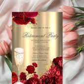Champagne Glass Red Roses Gold Retirement Party Einladung