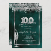 Champagne Glass Silver Confetti Green 100. Einladung (Vorne/Hinten)