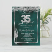 Champagne Glass Silver Confetti Green 35. Einladung (Stehend Vorderseite)
