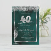 Champagne Glass Silver Confetti Green 40. Einladung (Stehend Vorderseite)