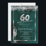 Champagne Glass Silver Confetti Green 60. Einladung<br><div class="desc">Elegantes Champagnerglas und silberne Konfetti auf grünem Hintergrund.</div>