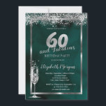 Champagne Glass Silver Confetti Green 60. Einladung<br><div class="desc">Elegantes Champagnerglas und silberne Konfetti auf grünem Hintergrund.</div>