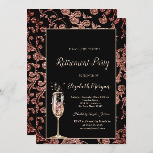 Champagne Glass Sparkle Wirbel Rente Party Einladung (Vorne/Hinten)