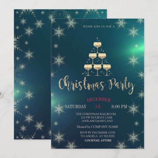 Champagne Glass Tree, Green Company Party Einladung (Vorne/Hinten)