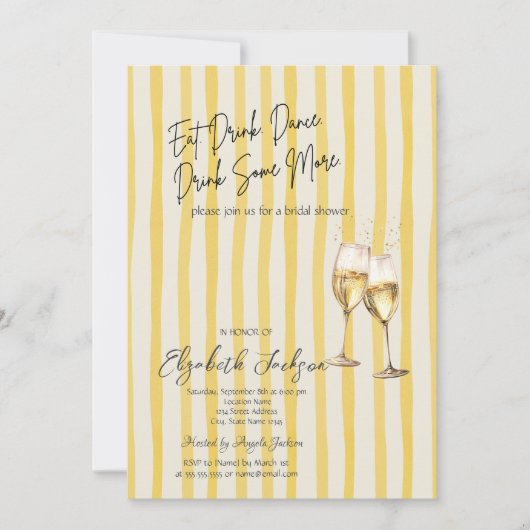 Champagne Glass Yellow Stripes Bridal Shower Einladung (Vorderseite)
