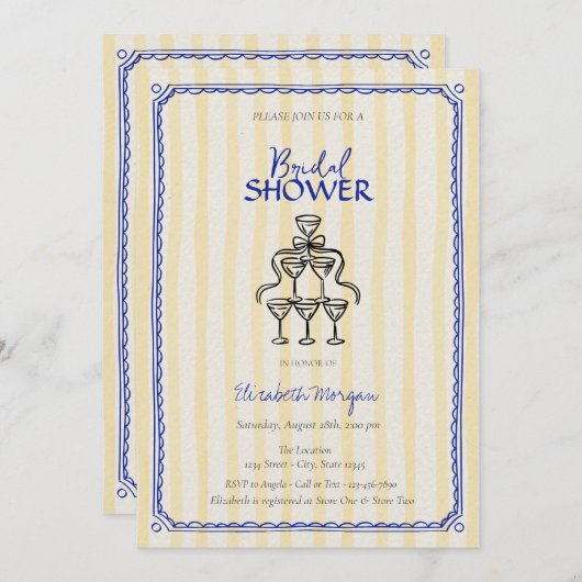 Champagne Glasses Bow Yellow Stripes Brautparty Einladung (Vorne/Hinten)