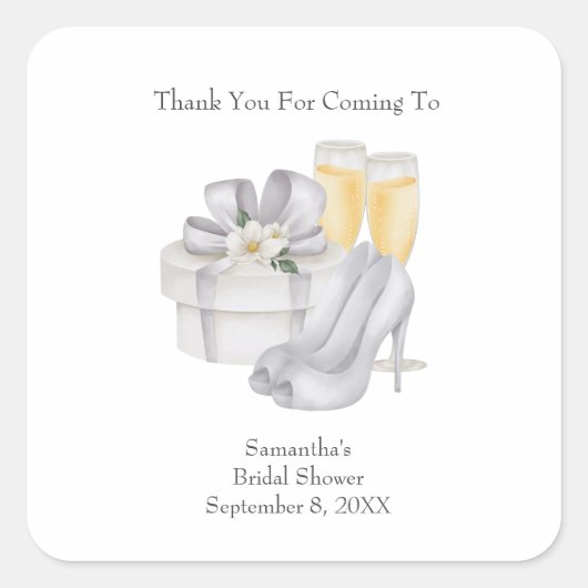Champagne Glasses Brides Shoes Brautparty Gefallen Quadratischer Aufkleber (Vorderseite)
