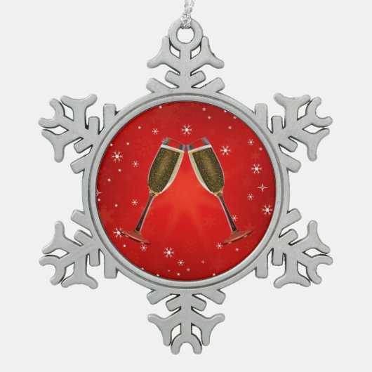 Champagne Glasses Celebration Gold auf Red Schneeflocken Zinn-Ornament (Vorderseite)