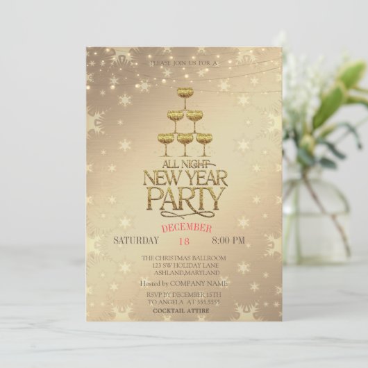 Champagne Glasses Gold Weihnachten Einladung (Stehend Vorderseite)