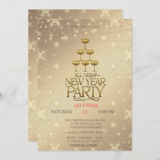 Champagne Glasses Gold Weihnachten Einladung (Vorne/Hinten)