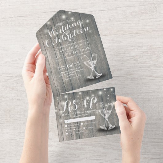 Champagne Glasses Rustic Wood String Light Wedding All In One Einladung (Abreißen)