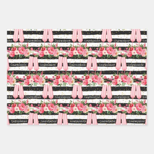 Champagne Glasses Schwarz-weiße Streifen Geschenkpapier Set (Vorderseite 2)