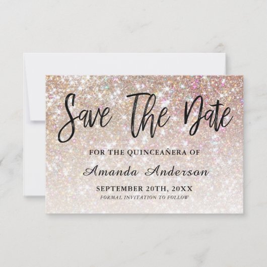 Champagne Glitzer Brush Script Quinceanera Save The Date (Vorderseite)
