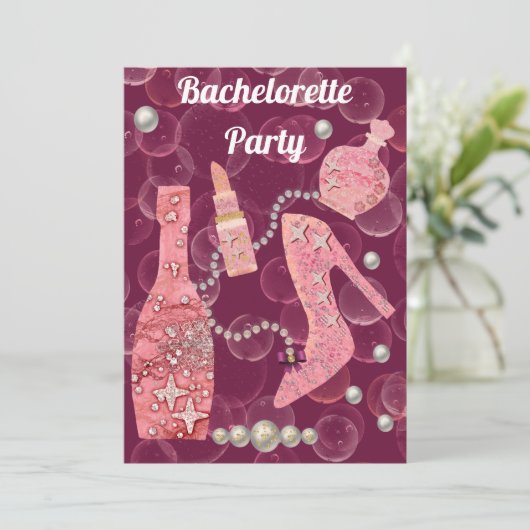 Champagne Glitzer & Pearls Burgundy Bachelorette I Einladung (Stehend Vorderseite)
