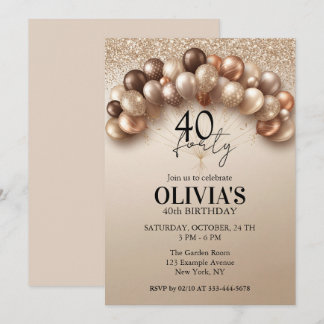 Champagne-Gold-Ballons Glitter 40. Geburtstag Einladung