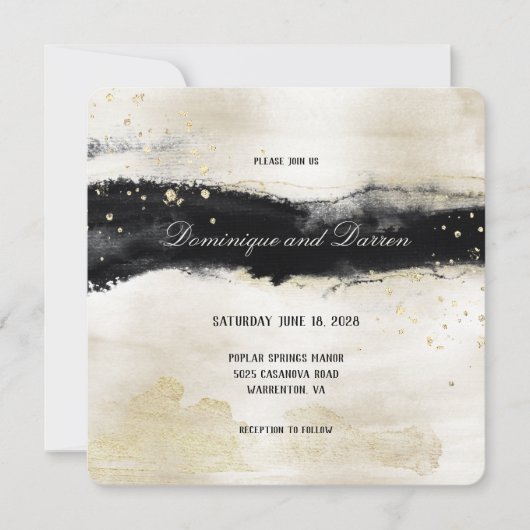 Champagne Gold & Black Watercolor Square Hochzeit Einladung (Vorderseite)