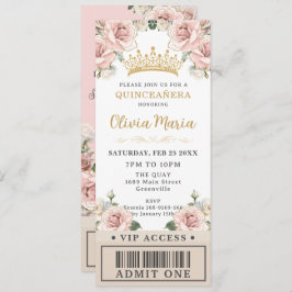 Champagne Gold Blush Floral Quinceñera VIP Ticket Einladung