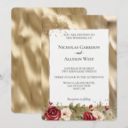 Champagne Gold Glam Cream Rote Rosen Hochzeit Einladung (Vorne/Hinten)