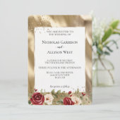 Champagne Gold Glam Cream Rote Rosen Hochzeit Einladung (Stehend Vorderseite)