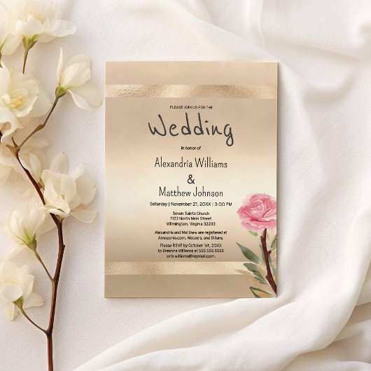 Champagne Gold Glamour Pink Floral Wedding Einladung