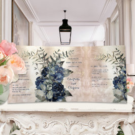 Champagne Gold Navy Blue Peony Eucalyptus Wedding Dreifach Gefaltete Einladung