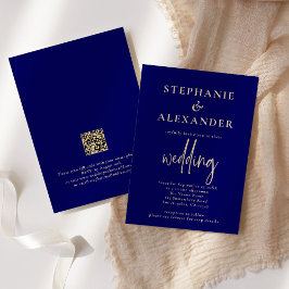 Champagne Gold Navy Blue QR Code Hochzeit Einladung