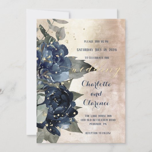 Champagne Gold Navy Peony Eucalyptus Wedding Einladung (Vorderseite)