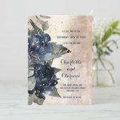 Champagne Gold Navy Peony Eucalyptus Wedding Einladung (Stehend Vorderseite)