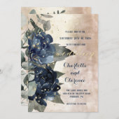 Champagne Gold Navy Peony Eucalyptus Wedding Einladung (Vorne/Hinten)