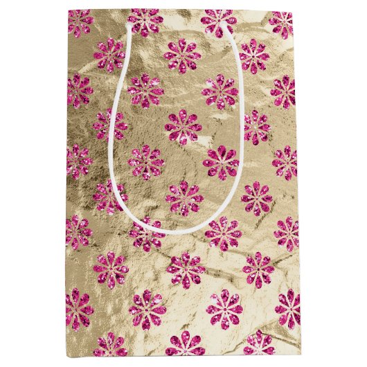 Champagne Gold Pink Glitzy Blume Mittlere Geschenktüte (Vorderseite)
