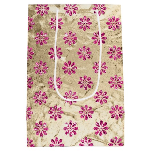 Champagne Gold Pink Glitzy Blume Mittlere Geschenktüte (Rückseite)