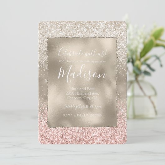Champagne Gold Pink White Glitzy Glitzer Einladung (Stehend Vorderseite)