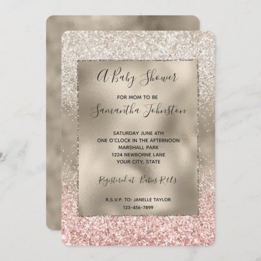 Champagne Gold Pink White Glitzy Glitzer Einladung (Vorne/Hinten)