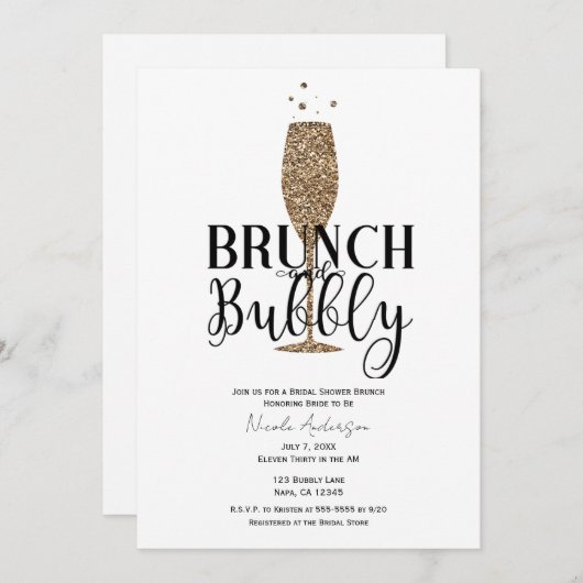Champagne Gold Schwarz-weiß Bubbly Brautparty Einladung (Vorne/Hinten)
