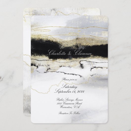 Champagne Gold Schwarz-weiß Watercolor Hochzeit Einladung (Vorne/Hinten)