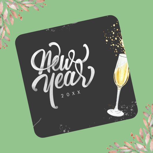 Champagne Gold Schwarzer Wein Glass Confetti Moder Quadratischer Aufkleber