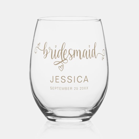 Champagne Gold Script Name Datum Bridesmaid Gesche Weinglas Ohne Stiel (Vorderseite)