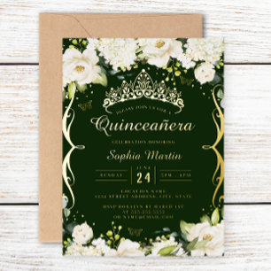 Champagne Gold Smaragd Blumenrolle Quinceanera Folieneinladung