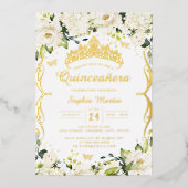 Champagne Gold White Floral Scroll Quinceanera Folieneinladung (Vorderseite)