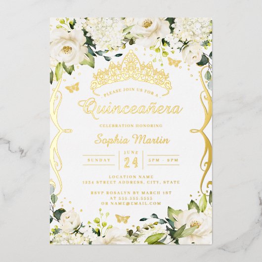 Champagne Gold White Floral Scroll Quinceanera Folieneinladung (Vorderseite)