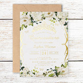 Champagne Gold White Floral Scroll Quinceanera Folieneinladung