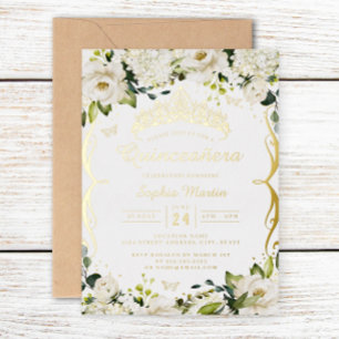Champagne Gold White Floral Scroll Quinceanera Folieneinladung