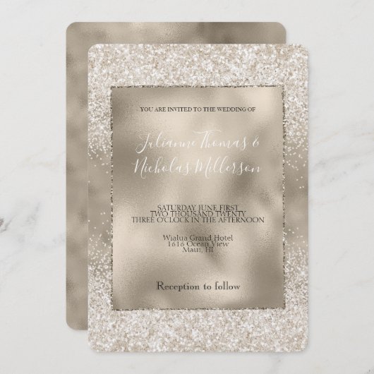 Champagne Gold White Glitzy Glitzer Wedding Einladung (Vorne/Hinten)