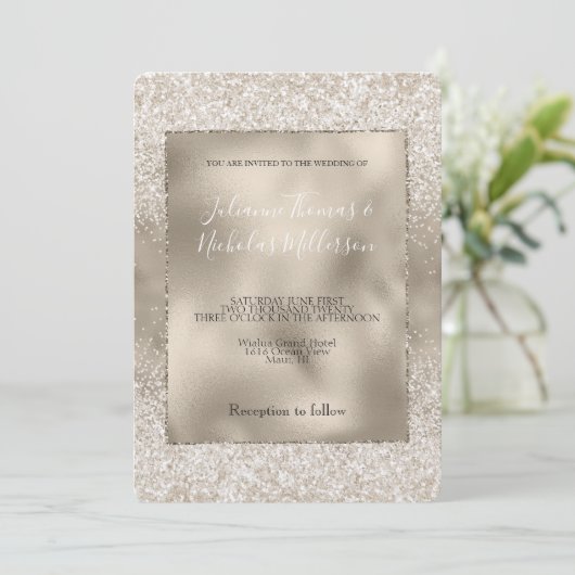 Champagne Gold White Glitzy Glitzer Wedding Einladung (Stehend Vorderseite)