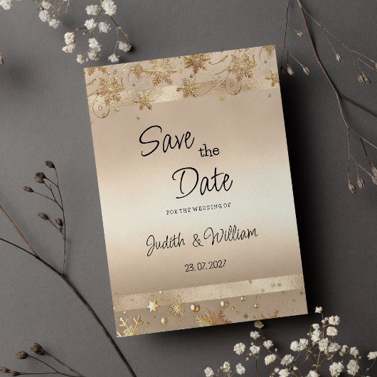 Champagne Golden Snowflakes Luxury Save the Date Einladung