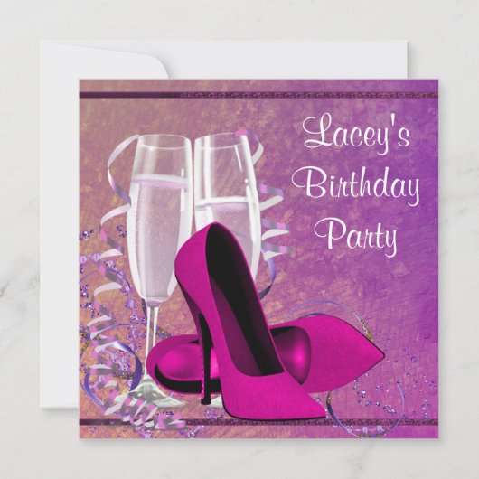 Champagne High Heel Frauen Hot Pink Geburtstagspar Einladung (Vorderseite)