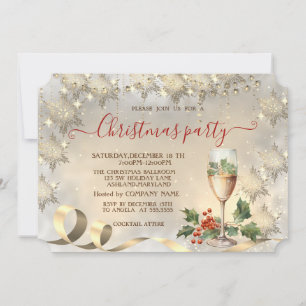 Champagne-Holly-Beeren-Gold-Schneeflocken-Unterneh Einladung