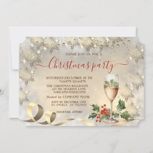 Champagne Holly Berry Gold Snowflakes Company Einladung (Vorderseite)