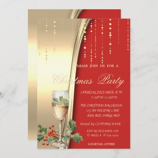 Champagne Holly Berry, Red, Gold Corporate Party Einladung (Vorne/Hinten)