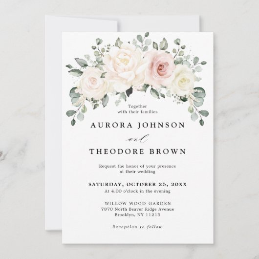 Champagne Ivory Blush Blumengrün QR Hochzeit Einladung (Vorderseite)